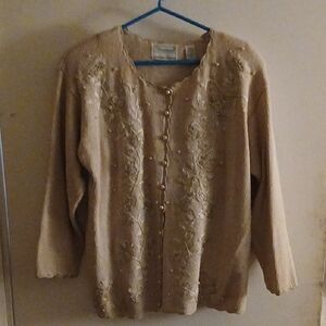 Elegant Tan Cardigan with Floral Embroidery